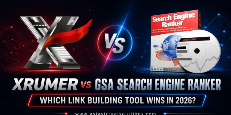 XRumer vs GSA Search Engine Ranker — which link building tool wins in 2026, showing the XRumer logo beside the GSA Search Engine Ranker software box