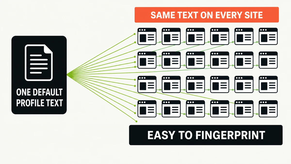 Every GSA SER User Shares the Same Profiles and Comments — We Just Fixed That 2 Diagram of one default GSA SER profile text block fanning out to twenty four identical websites, labelled same text on every site and easy to fingerprint