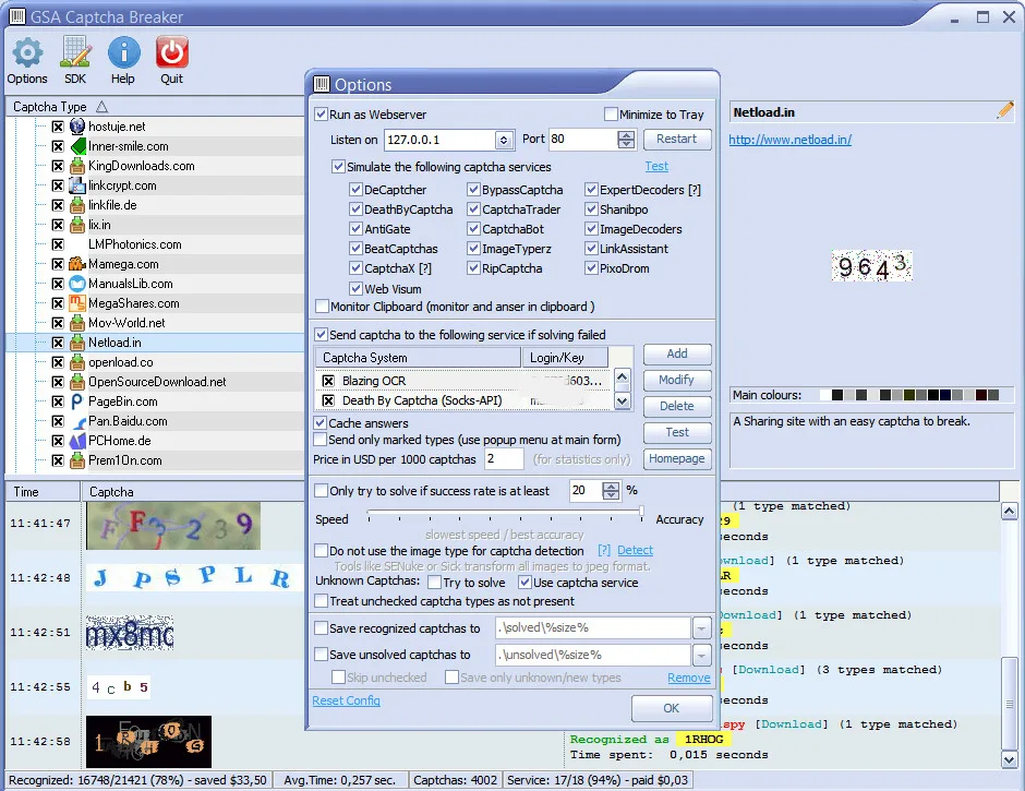 Pemecah Captcha GSA 3 Layar opsi GSA Captcha Breaker yang menampilkan jenis-jenis captcha yang dikenali.