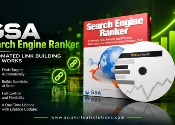 Digitale Anzeige für “GSA Search Engine Ranker” von Asia Virtual Solutions, die die Funktionen für automatisierten Linkaufbau, eine Liste der Vorteile, die Produktbox und eine Marken-CD auf grünem Hintergrund hervorhebt.