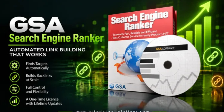 Asia Virtual Solutions tarafından hazırlanan "GSA Search Engine Ranker" için dijital reklam; otomatik bağlantı oluşturma özelliklerini, fayda listesini, ürün kutusunu ve markalı CD'yi yeşil bir arka plan üzerinde vurguluyor.