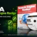 Anúncio digital para o “GSA Search Engine Ranker” da Asia Virtual Solutions, destacando os recursos de criação automatizada de links, a lista de benefícios, a caixa do produto e o CD personalizado em um fundo verde.