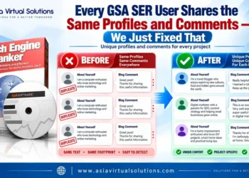 Before and after comparison showing GSA SER projects changing from duplicate About Yourself and Blog Comment text to unique profiles and comments for every project
