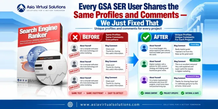 Every GSA SER User Shares the Same Profiles and Comments — We Just Fixed That 1 Before and after comparison showing GSA SER projects changing from duplicate About Yourself and Blog Comment text to unique profiles and comments for every project