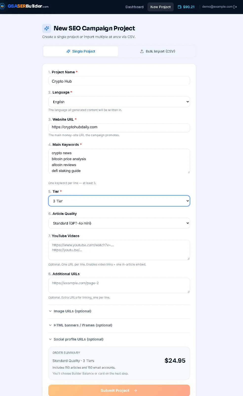 GSA Search Engine Ranker 1 Tier Data pack 6 GSA SER project order form showing project name, language, website URL, keywords, tier and article quality fields