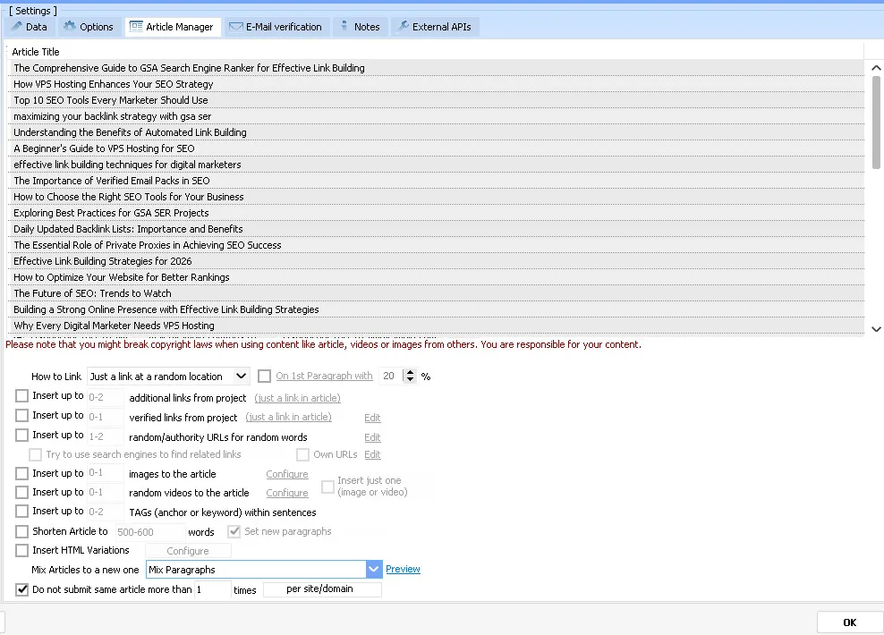 GSA Search Engine Ranker 1 Tier Data pack 5 GSA SER Article Manager showing the article titles list, every insert option unticked and article reuse set to once per site or domain