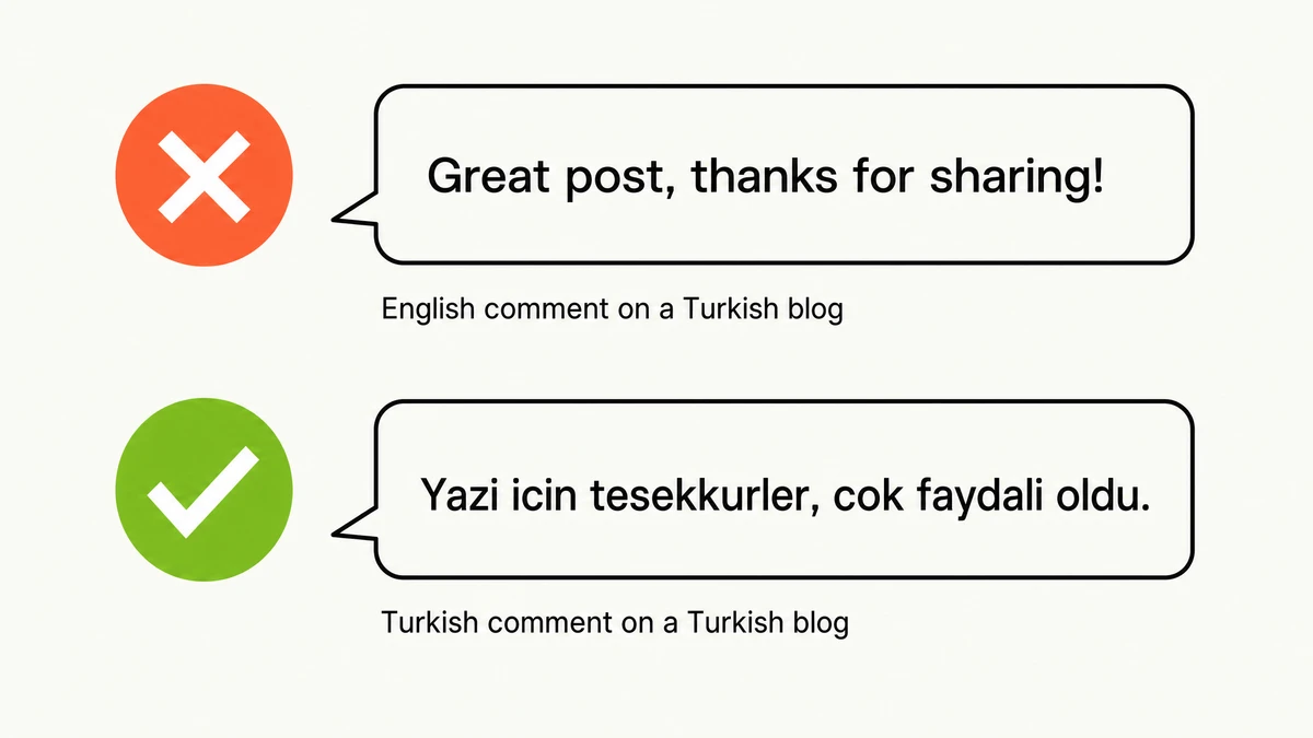 Every GSA SER User Shares the Same Profiles and Comments — We Just Fixed That 8 Two speech bubbles comparing an English GSA SER blog comment posted on a Turkish blog marked with a red cross, against a Turkish comment on the same blog marked with a green tick
