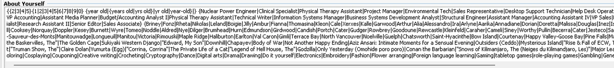 Every GSA SER User Shares the Same Profiles and Comments — We Just Fixed That 3 Screenshot of the default About Yourself field in GSA Search Engine Ranker showing spintax lists of ages, job titles, first names, surnames and Canadian town names