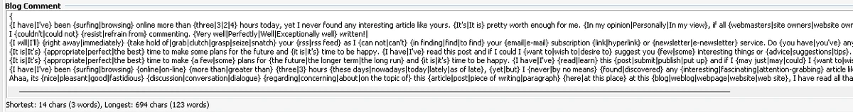Every GSA SER User Shares the Same Profiles and Comments — We Just Fixed That 4 Screenshot of the default Blog Comment field in GSA Search Engine Ranker showing the spun spam comment beginning I have been surfing online more than three hours today