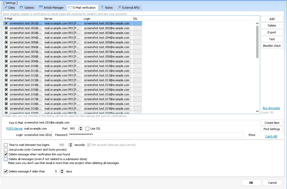 GSA Search Engine Ranker 1 Tier Data pack 10 GSA SER email verification tab listing 50 private domain email accounts loaded into a 1 tier project