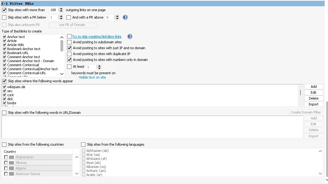 GSA Search Engine Ranker 1 Tier Data pack 13 GSA SER Filter URLs panel showing the outgoing links limit set to 100, IP and numeric domain filters enabled and the skip-words list