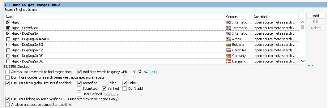GSA Search Engine Ranker 1 Tier Data pack 12 GSA SER target URL settings with 68 international search engines selected and global site lists set to identified, verified and other