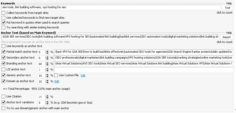 GSA Search Engine Ranker 1 Tier Data pack 7 GSA SER anchor text settings showing branding at 60 percent, generic and domain at 10 percent each, partial and secondary at 5 percent and only 10 percent main anchor usage
