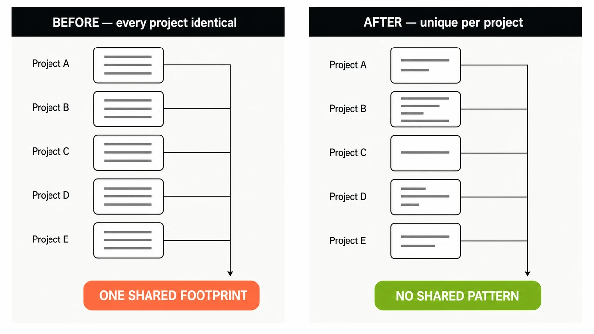 Every GSA SER User Shares the Same Profiles and Comments — We Just Fixed That 7 Comparison diagram showing five GSA SER projects sharing identical profile text on the left creating one shared footprint, versus five projects with different profile text on the right leaving no shared pattern