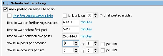 GSA Search Engine Ranker 1 Tier Data pack 14 GSA SER scheduled posting panel showing 60 to 180 minutes between registrations, 4 to 24 hours between posts, 3 plus or minus 1 posts per account and 1 account per site