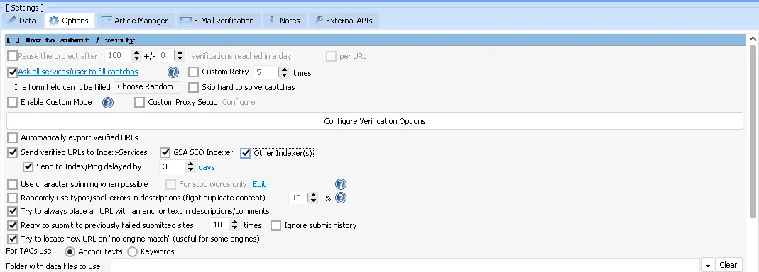 GSA Search Engine Ranker 1 Tier Data pack 15 GSA SER Options tab showing all captcha services enabled, all indexers ticked, indexing delayed by 3 days and no daily pause set