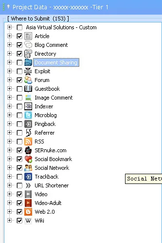 GSA Search Engine Ranker 1 Tier Data pack 11 GSA SER Where to Submit tree for a 1 tier project with Article, Forum, Wiki, Social Network and Web 2.0 ticked and Blog Comment, Guestbook, Pingback, RSS and Trackback left unticked