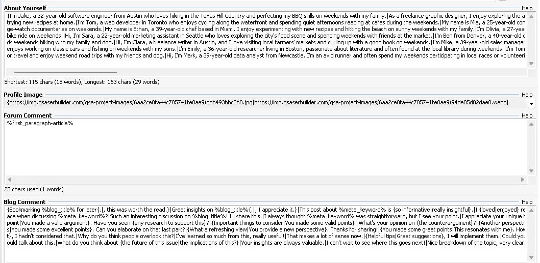 GSA Search Engine Ranker 1 Tier Data pack 8 GSA SER data fields showing generated About Yourself persona bios, project image URLs, forum comment macro and spun blog comments