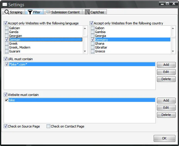 เว็บไซต์ติดต่อ GSA - อัตโนมัติการส่งแบบฟอร์มติดต่อ 13 GSA Website Contact filter settings for targeting by country, language and regional domains.