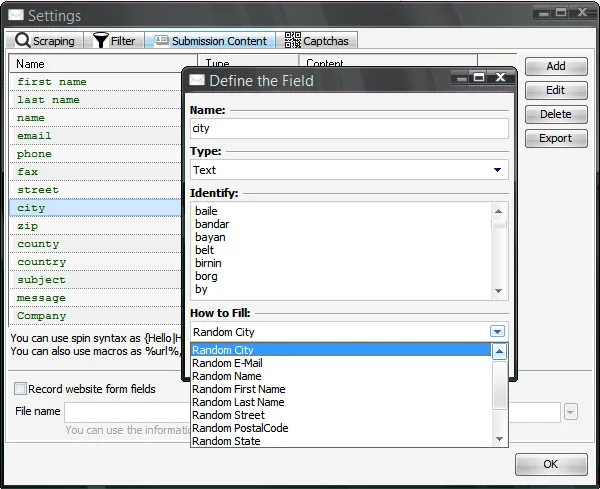 เว็บไซต์ติดต่อ GSA - อัตโนมัติการส่งแบบฟอร์มติดต่อ 12 GSA Website Contact field definition screen for personalised bulk outreach messages using macros and spintax.