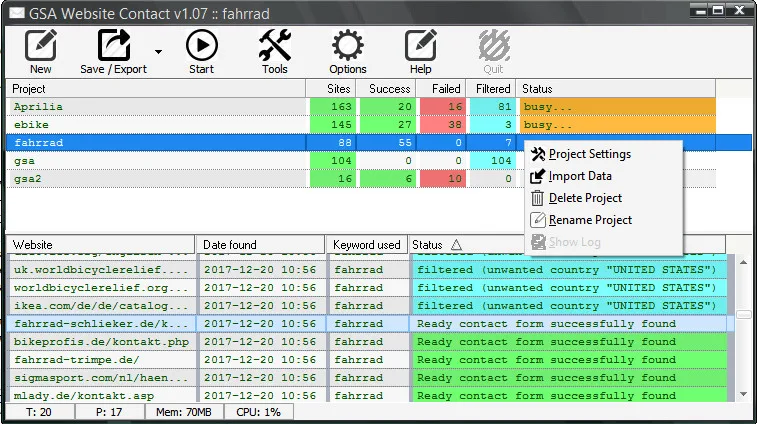 ติดต่อเว็บไซต์ GSA - อัตโนมัติการส่งแบบฟอร์มติดต่อ 11 GSA Website Contact main window showing scraped target websites and contact form submission progress.