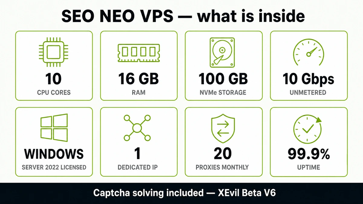 SEO NEO VPS specifications: 10 CPU cores, 16 GB RAM, 100 GB NVMe storage, 10 Gbps unmetered connection, Windows Server 2022 licensed, dedicated IP, 20 proxies replaced monthly and 99.9% uptime, with captcha solving included