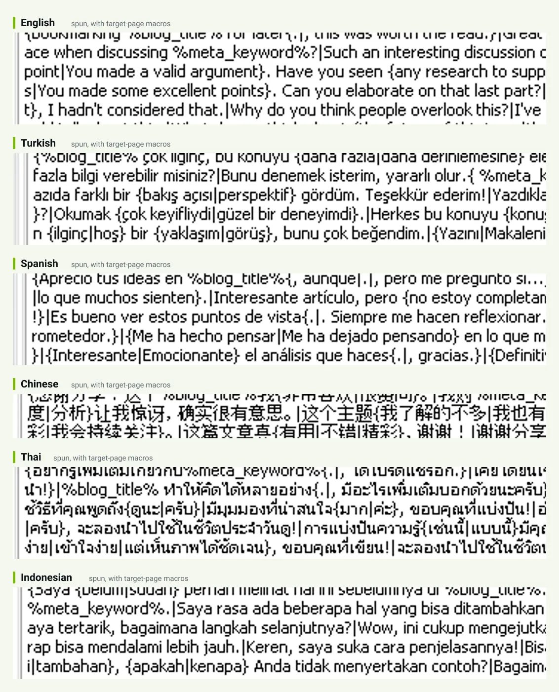 Every GSA SER User Shares the Same Profiles and Comments — We Just Fixed That 6 The GSA SER Blog Comment field from six different projects, showing spun comments in English, Turkish, Spanish, Chinese, Thai and Indonesian using the blog_title and meta_keyword macros