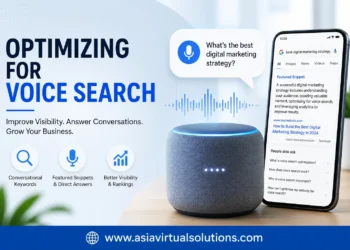 A smart speaker and smartphone display voice search results for digital marketing strategy, highlighting SEO benefits and features for businesses.