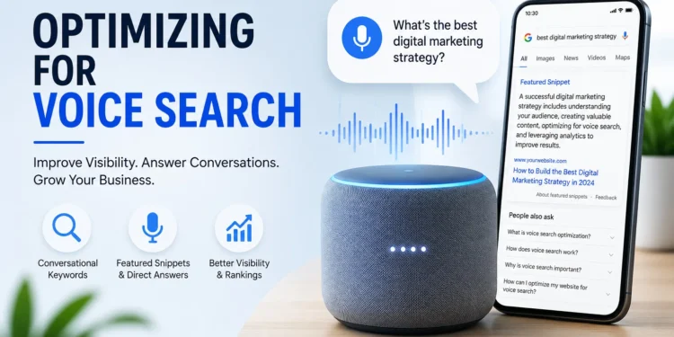 Otimizando para Busca por Voz 1 Um alto-falante inteligente e um smartphone exibem resultados de pesquisa por voz para estratégias de marketing digital, destacando os benefícios e recursos de SEO para empresas.