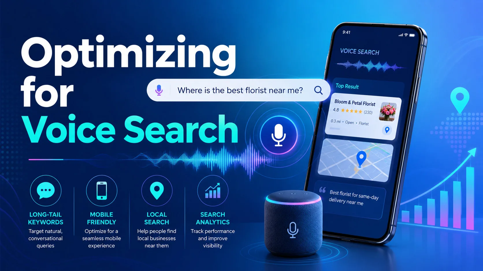 Otimizando para Busca por Voz 2 Otimização para busca por voz: palavras-chave de cauda longa, compatibilidade com dispositivos móveis, busca local e análise de buscas, com um telefone exibindo uma consulta de floricultura por voz.