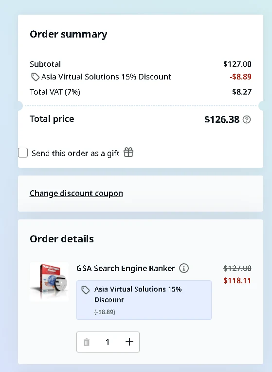 GSA Search Engine Ranker — Automatic Backlink Building Software 2 GSA official checkout showing GSA Search Engine Ranker reduced from $127 to $118.11 with the Asia Virtual Solutions discount