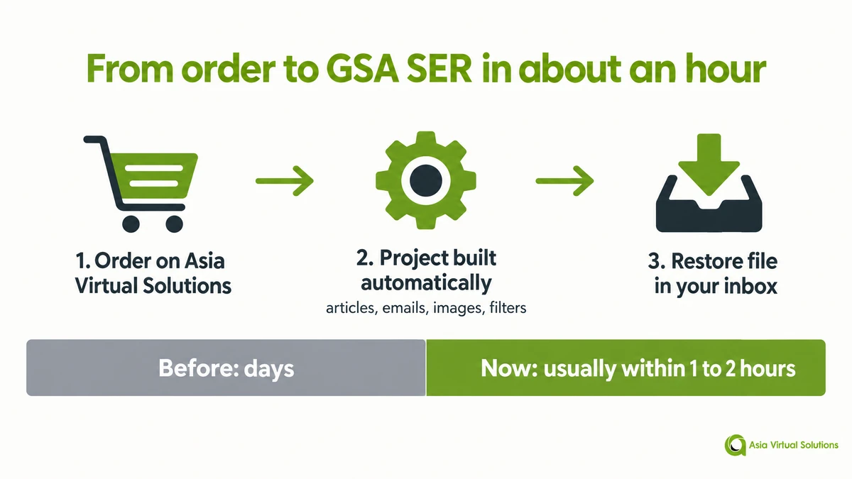 GSA SER Projects Done For You: Now Written by GPT-6 Luna and Delivered in About an Hour 4 GSA SER project order to delivery timeline: order, project built automatically, restore file in your inbox, usually within 1 to 2 hours
