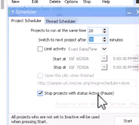 How to Use the GSA SER Scheduler 4 GSA SER Scheduler settings window with 20 projects at the same time and 30 minute rotation