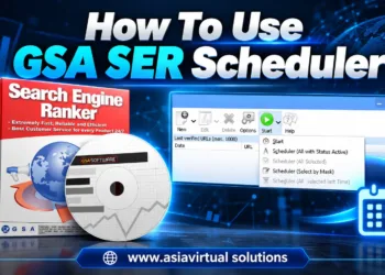 ภาพกราฟิกประชาสัมพันธ์สำหรับซอฟต์แวร์ GSA Search Engine Ranker แสดงกล่องผลิตภัณฑ์ แผ่นติดตั้ง และเมนูส่วนติดต่อผู้ใช้ของซอฟต์แวร์.