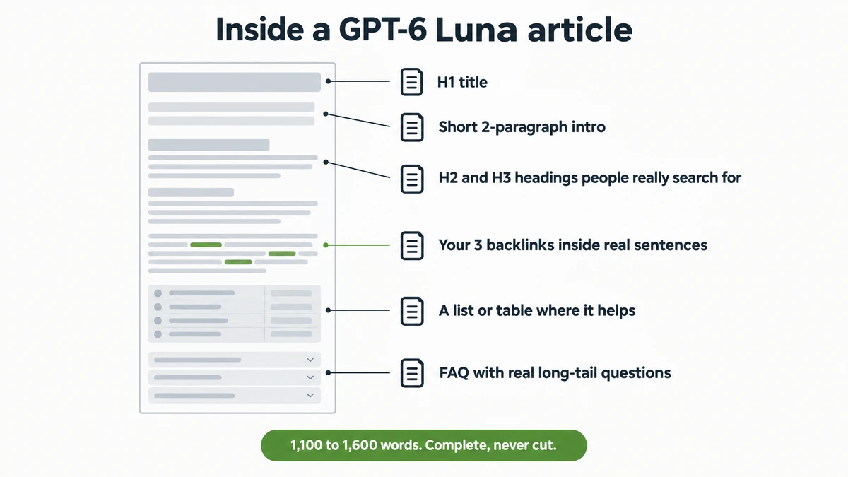 GSA SER Projects Done For You: Now Written by GPT-6 Luna and Delivered in About an Hour 3 Structure of a GPT-6 Luna SEO article for GSA SER: H1 title, short intro, search-led H2 and H3 headings, 3 backlinks in real sentences, list or table, FAQ