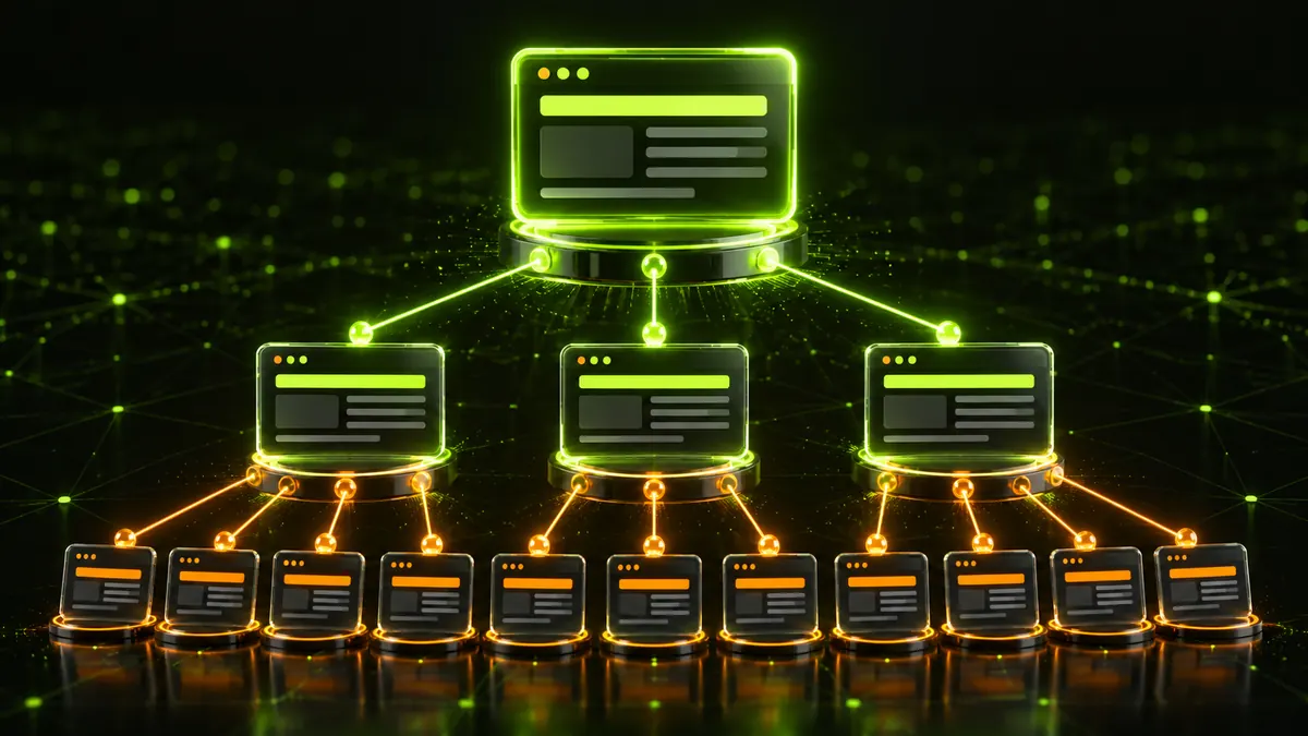 Como indexar backlinks rapidamente: 17 métodos comprovados 3 Diagrama de construção de links em camadas: uma página principal no topo, três páginas de nível 1 vinculadas a ela e uma linha de páginas de nível 2 vinculadas às páginas de nível 1.