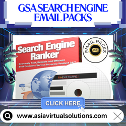 Digital marketing graphic, 250x250, featuring GSA Search Engine Ranker and emails with a "click here" call-to-action, promoting SEO and marketing services from asiavirtualsolutions.com