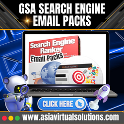 Advertisement for GSA Search Engine Ranker email packs featuring a laptop, global graphics, and a cartoon robot in a 250x250 format.