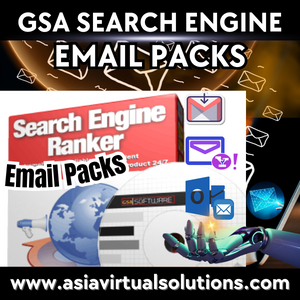 Promotional 300x300 graphic for GSA Search Engine Ranker email packs with various internet and email symbols.