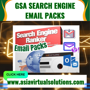 Advertisement for GSA Search Engine Ranker email packs available from Asia Virtual Solutions.
