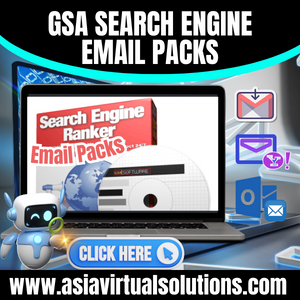 An advertisement for GSA Search Engine Ranker email packs with a 300x300 graphic of a laptop displaying the product and related icons.