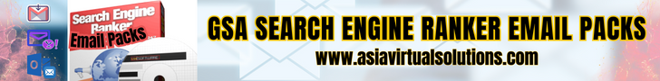 Banner advertisement for GSA Search Engine Ranker email packs from asiavirtualsolutions.com, size 728x90.