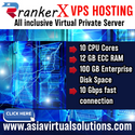 Advertisement for RANKERX VPS hosting, featuring a virtual private server with 12 CPU cores, 125GB RAM, 100GB enterprise disk space, and a 10Gbps fast