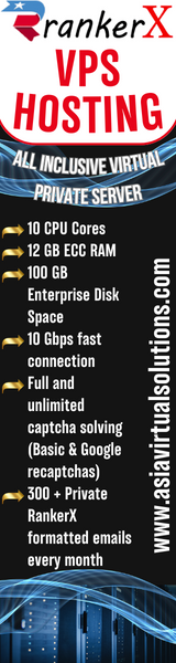 A vertical banner advertisement for RankerX VPS Hosting services with listed features such as 10 CPU cores, 100 GB RAM, and other technical specifications.