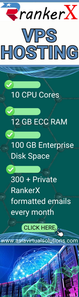 Vertical banner ad for VPS hosting RankerX featuring specifications for a hosting plan which includes 12 GB ECC RAM, 100 GB enterprise disk space, 300+ private rakeback deals.
