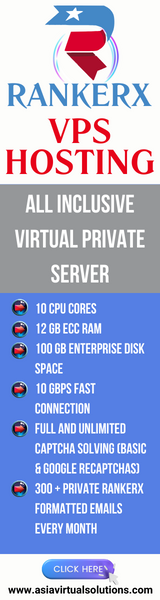 Vertical web banner for "RANKERX VPS Hosting," advertising various server features, including 10 CPU cores, 12 GB ECC RAM, and 100 Gbps network.