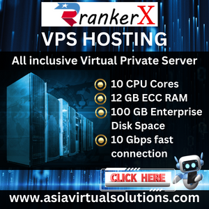Advertisement for RankerX VPS Hosting featuring server imagery and listed benefits including 10 CPU cores, 100 GB RAM, and 10 Gbps fast connection.