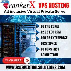 Advertisement for RankerX VPS Hosting featuring a server room with specs such as 10 CPU cores, 100 GB ECC RAM, and 10 Gbps connection speed.