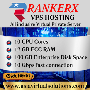An advertisement for RANKERX VPS Hosting featuring their service offerings including 10 CPU cores, 100 GB of enterprise space, and a 10 Gbps fast connection.