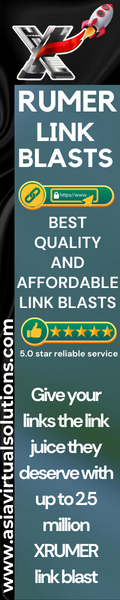 Vertical banner advertisement for XRUMER LINK BLAST seo services featuring a rocket graphic. Size: 120x600.